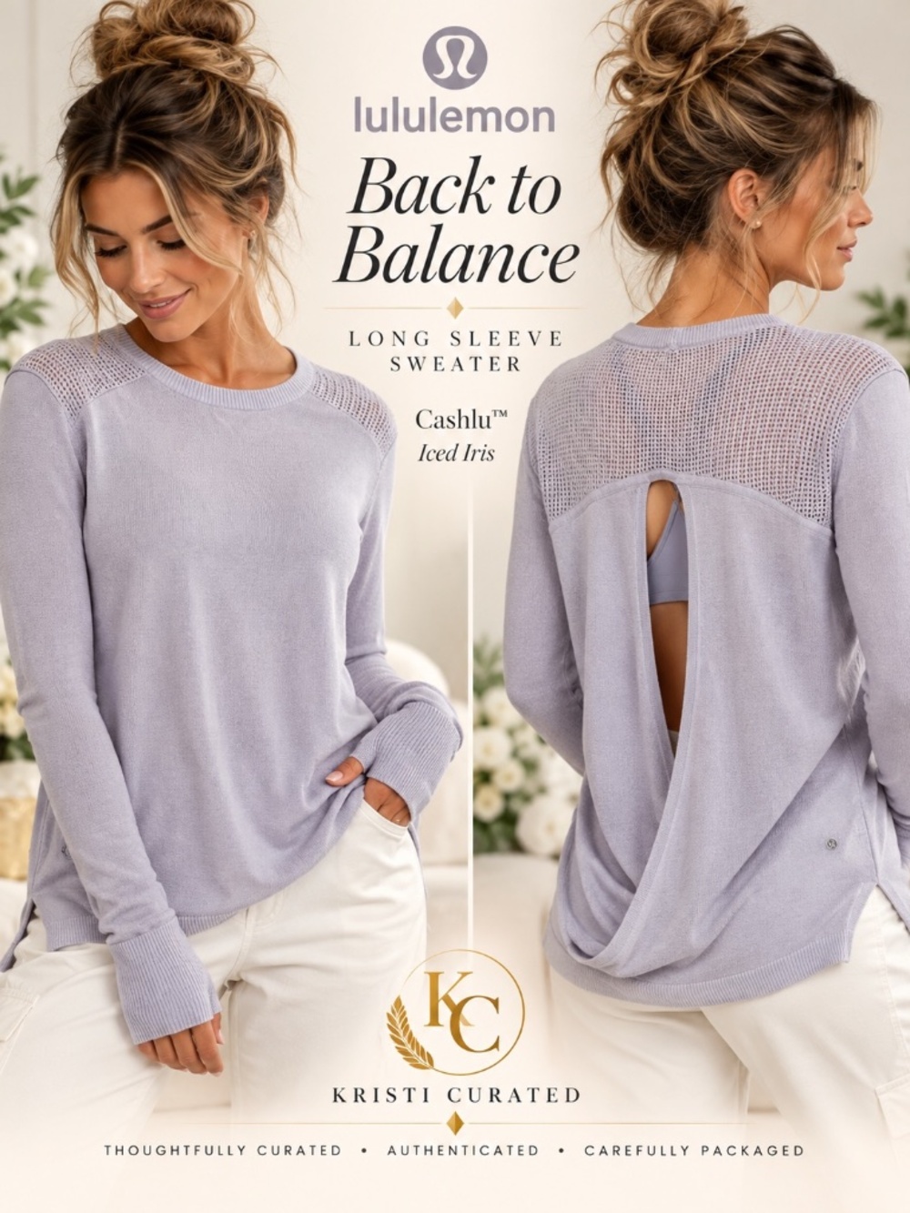 lululemon Back to Balance Long Sleeve Sweater Iced Iris Size 8 Cashmere